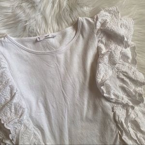 MNG Mango White Flutter Eyelet Ruffle Sleeve Boxy Top Size Medium